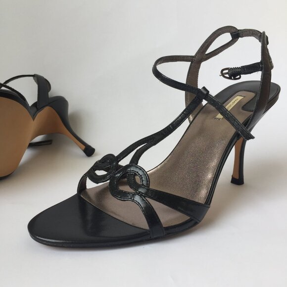 Max Studio Black Leather T-Strap Stiletto Sandals – Size 7 - Picture 3 of 6